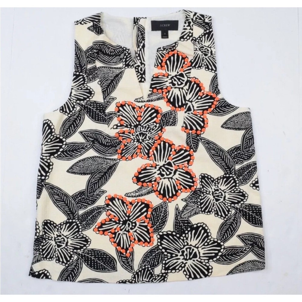 NWOT! J. Crew Black/Orange Beaded Polynesian Floral Sleeveless Top - Size 00